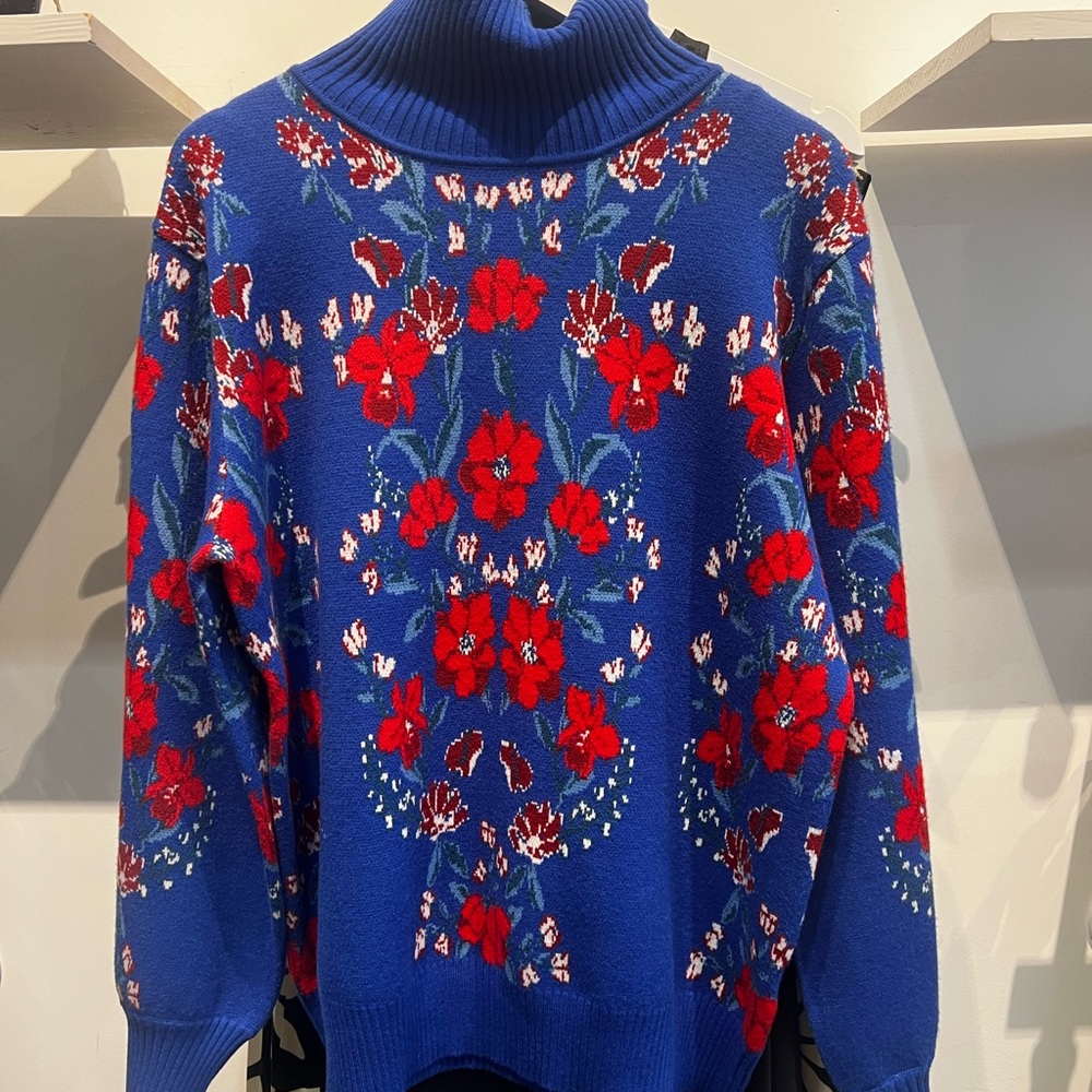 FARM Rio Red and Blue Turtleneck Sweater with Festive Poinsettia Design